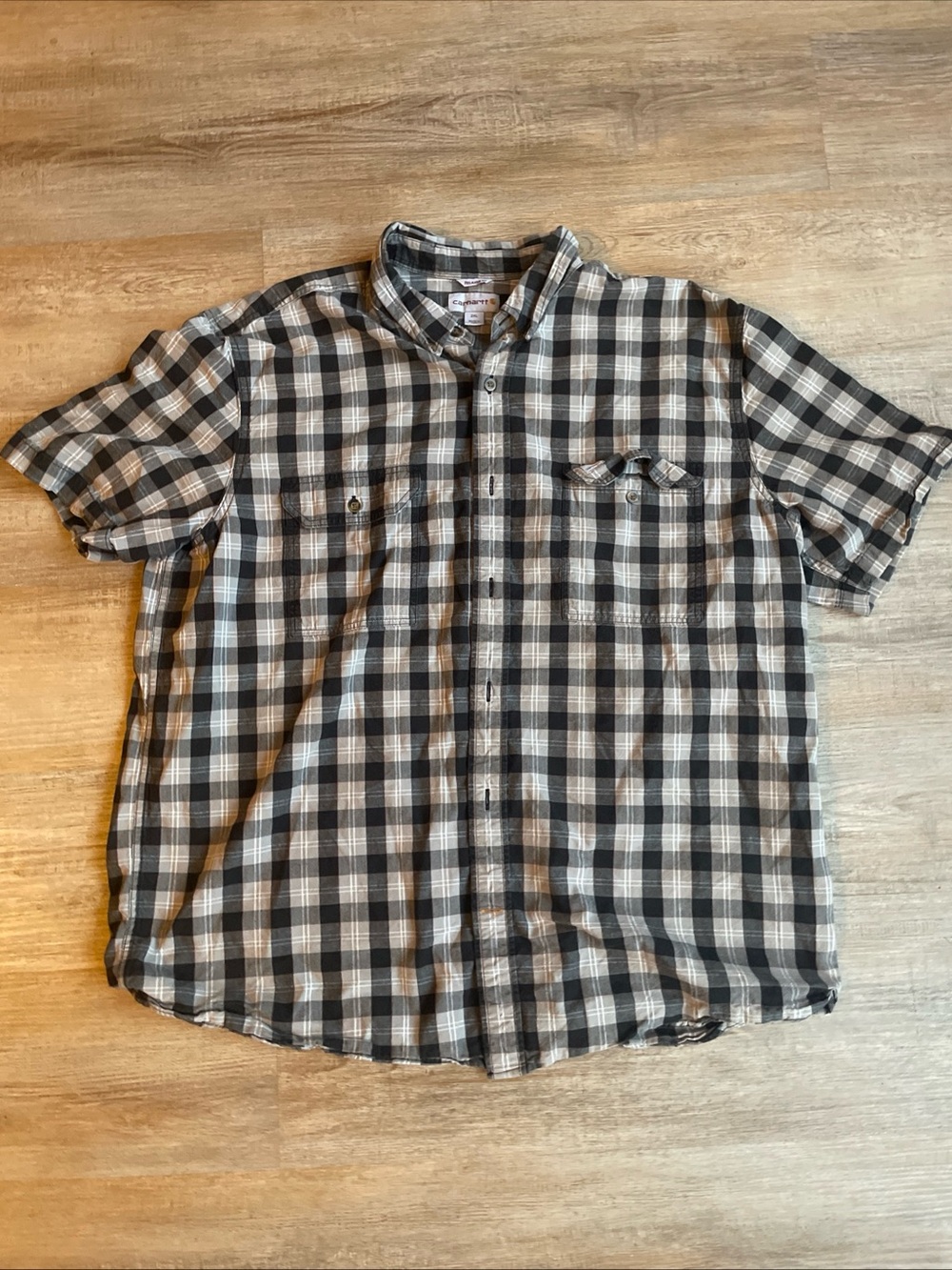 Carhartt Mens Relaxed Fit 2XL Short Sleeve Button Down Shirt Black Gray
